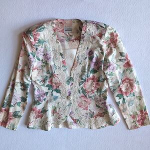 Vintage 1990s Leslie Fay Floral Brocade Blazer Lace Cottagecore Coquette Pastel